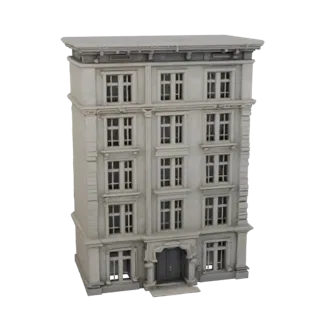 Modelo 3D de casa urbana clásica con dos accesos y ventanas, vista frontal