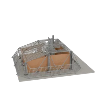 3D model of an industrial building with exposed brick walls and a metal grate roof, set against a black background.