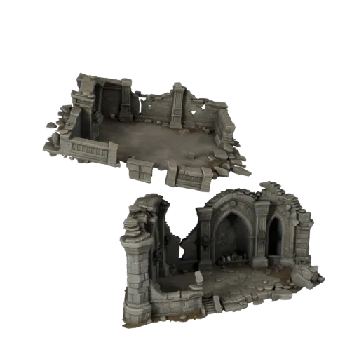 Fantasy Dungeon Entrance Realistic 3D model, three-quarter environment render, showing aged stone, built remnants.