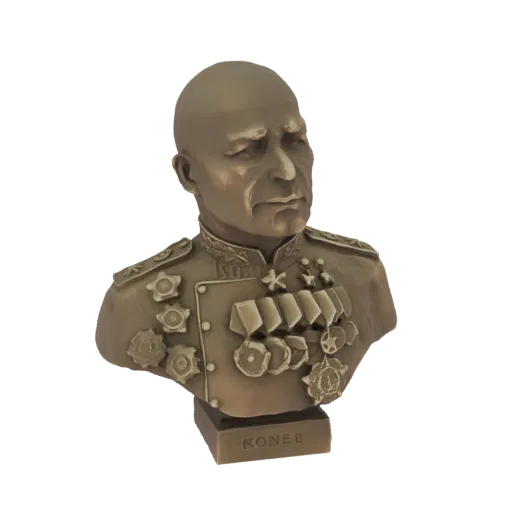 3D model of a bronze bust of Soviet Marshal Ivan Konev, wearing a military uniform with multiple medals and inscribed name on