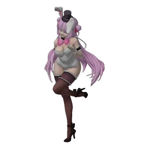3D model of a pink-haired anime-style bunny girl wearing a top hat and bowtie, in a playful pose.