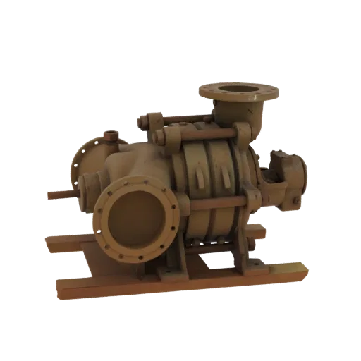 Modello 3D di una pompa di drenaggio centrifuga multistadio usurata con grandi flange di ingresso e uscita, montata su una ba