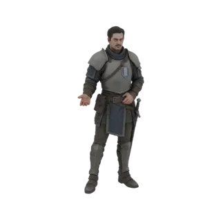 3D model of a medieval knight in full armor, holding his left hand out, with a sword at his hip and a blue tabard.