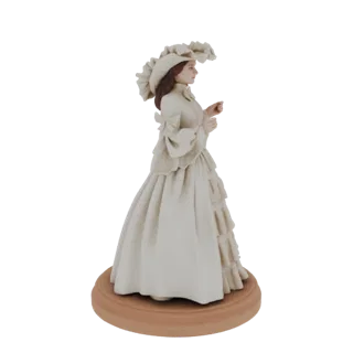 3D model of a Victorian lady figurine in a cream-colored dress and an elaborate ruffled hat, shown in profile on a wooden bas