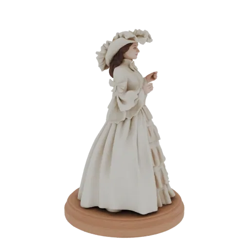 3D model of a Victorian lady figurine in a cream-colored dress and an elaborate ruffled hat, shown in profile on a wooden bas