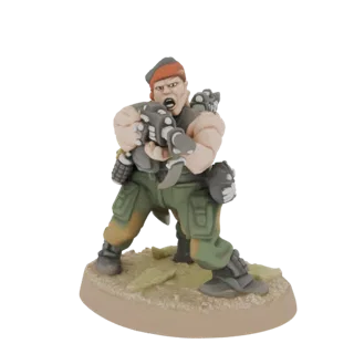3D model of a muscular soldier with a large weapon, grenades, and a knife, posed aggressively on a sandy base.