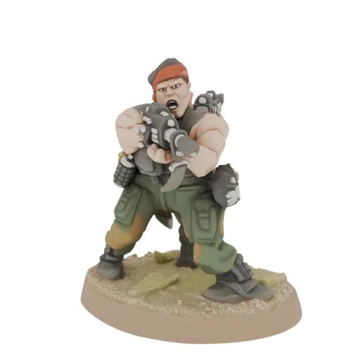 3D model of a muscular soldier with a large weapon, grenades, and a knife, posed aggressively on a sandy base.