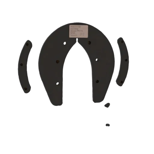 3D render of a dark, U-shaped protective collar with visible fastener points and two accompanying curved pieces.