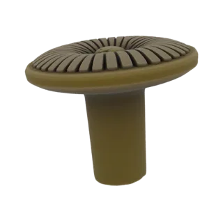 Una representación 3D de un pomo decorativo con forma de hongo con un sombrero texturizado y un tallo cilíndrico, presentado
