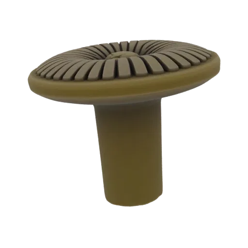 Una rappresentazione 3D di un pomello decorativo a forma di fungo con un cappello texturizzato e un gambo cilindrico, present