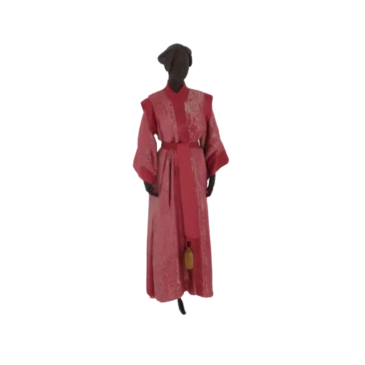 3D model of a mannequin wearing an ornate red silk robe with a gold tassel, displayed against a black background.