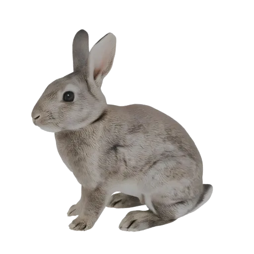 A realistic 3D model of a grey rabbit, sitting and looking to the left, with detailed fur texture.