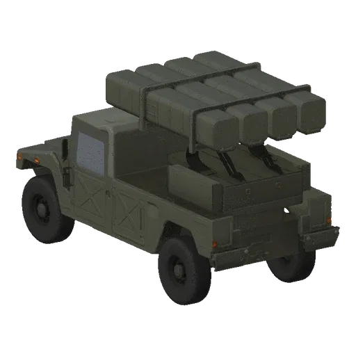 3D model of a green HMMWV truck with a large rocket launcher system mounted on the back, against a black background.