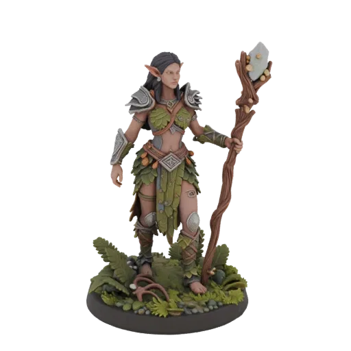 3D model of a forest druid in green leaf armor, holding a staff with a crystal, on a detailed forest base.