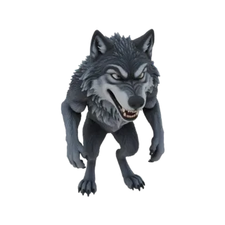 A menacing 3D model of a grey wolf with its mouth open in a snarl, standing on all fours with an aggressive posture.