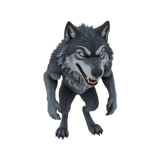 A menacing 3D model of a grey wolf with its mouth open in a snarl, standing on all fours with an aggressive posture.