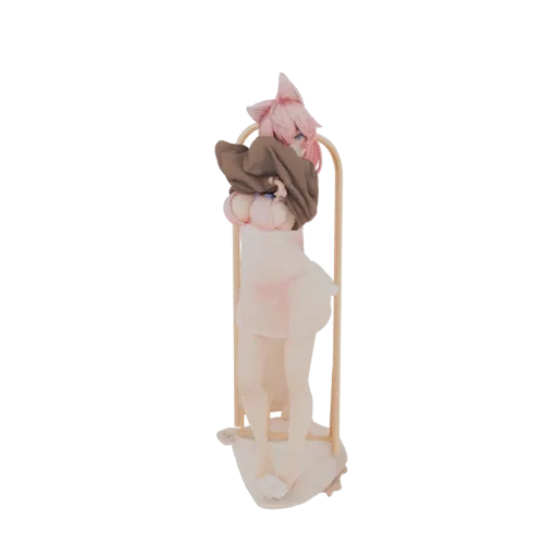 3D model of an anime girl wearing a white towel and a brown hoodie, with pink hair and cat ears.