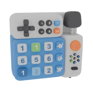 Modelo 3D de calculadora infantil com botões coloridos, joystick e elementos de jogo, em um estilo moderno e vibrante.