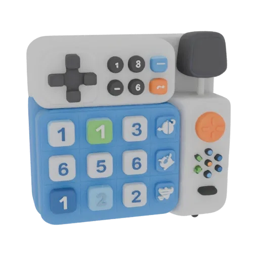 Modelo 3D de calculadora infantil com botões coloridos, joystick e elementos de jogo, em um estilo moderno e vibrante.