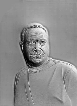 3D model of an elderly man bas-relief in a t-shirt, front view, focusing on facial details and texture