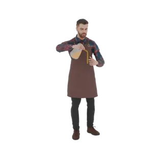 3D-Modell eines bärtigen Baristas in kariertem Hemd und brauner Schürze, der orangefarbene Flüssigkeit aus einer Kanne gießt.