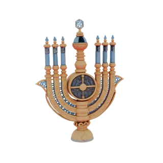 Un modello 3D dettagliato di una Menorah Hamsa dorata con intricati motivi a volute blu e una ruota decorativa centrale, pres