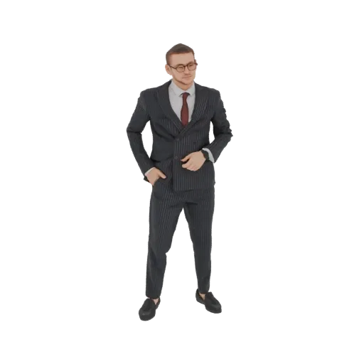 3D-Modell eines Mannes im dunklen Nadelstreifenanzug und roter Krawatte, der mit der Hand in der Tasche steht und zur Seite b
