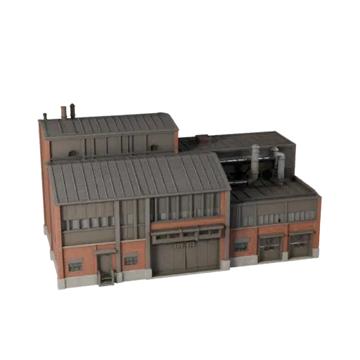 Modèle 3D low poly de cimenterie, extérieur prêt pour le jeu, montrant les matériaux de construction industriels et les détai