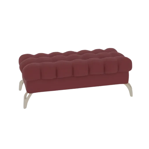 3D model of a deep red tufted ottoman with curved legs, presented on a white background.