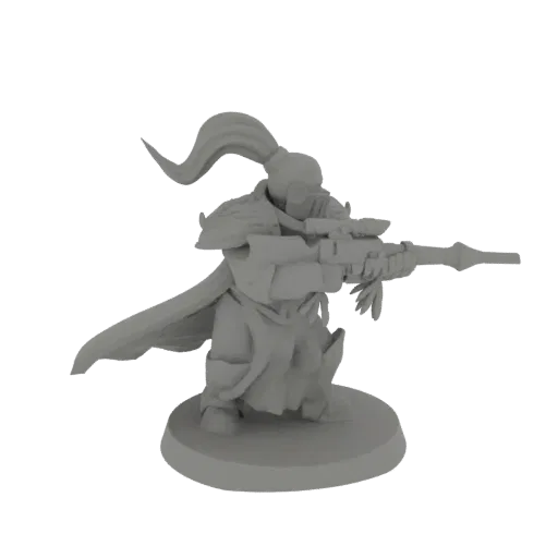 Modèle 3D d'une figurine de sniper sci-fi avec une queue de cheval flottante, tenant un fusil futuriste, sur une base circulaire.