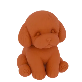 A 3D render of a cute, stylized orange poodle dog sitting and looking forward, with soft, rounded features and floppy ears.