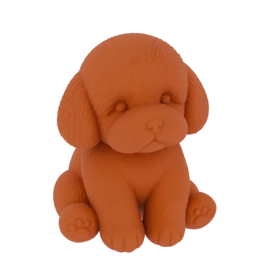 A 3D render of a cute, stylized orange poodle dog sitting and looking forward, with soft, rounded features and floppy ears.