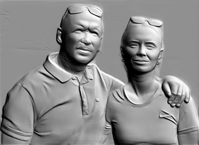 3D model of a "Medallion" bas-relief with a couple, rendered in gray with expressive facial features.