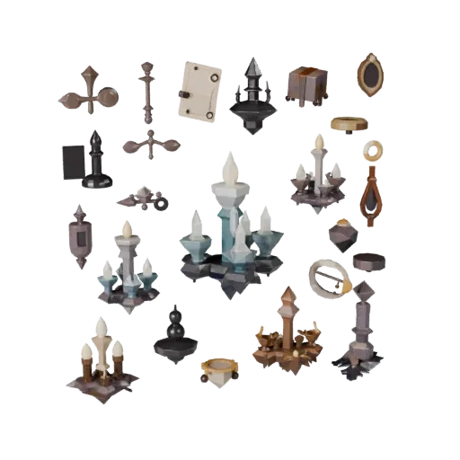 Fantasy Candle Cluster Low Poly 3D model, game viewport three-quarter view, showing paper-like cards, form detail.