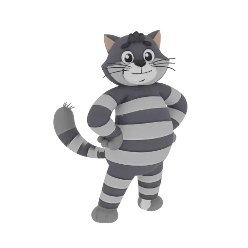 Un modèle 3D de chat rayé gris et blanc cartoon debout, mains sur les hanches, air amical.