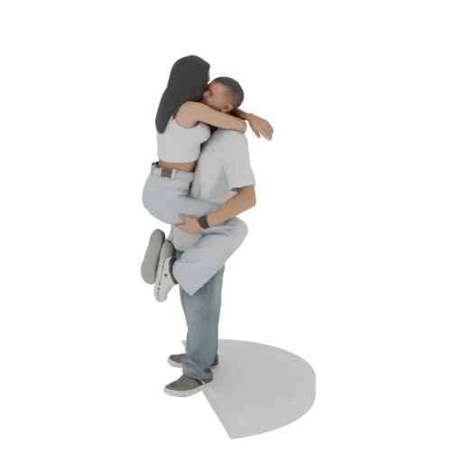 Modello 3D di un uomo che solleva e bacia una donna in un abbraccio romantico, in piedi su una base bianca.