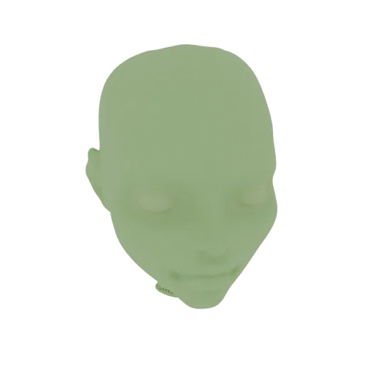Un rendering 3D di una testa umana stilizzata con occhi chiusi, presentata in un verde opaco e morbido.