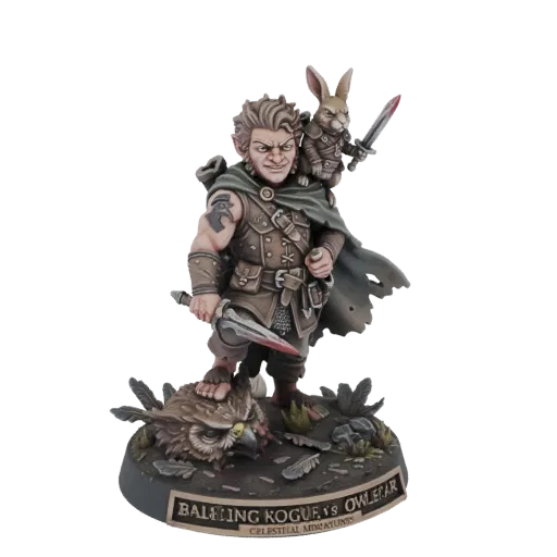 Modello 3D di una ladra halfling con un coniglio sulla spalla, in piedi su un gufo sconfitto su una base diorama.