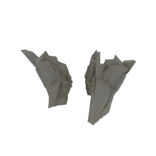 3D render of two abstract sculptures resembling crumpled paper, with sharp folds and organic textures, set against a black ba
