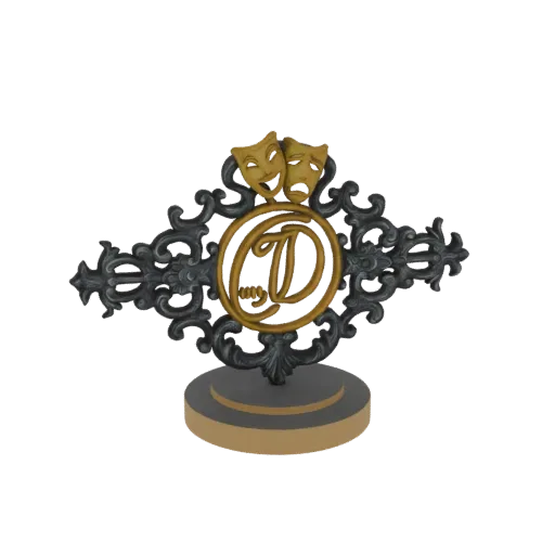 3D model of a decorative emblem with golden theater masks and a stylized 'D' monogram on a dark scrollwork base.