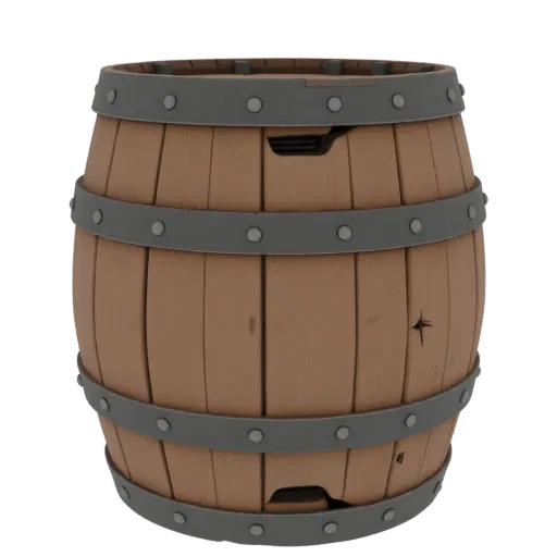 Medieval Barrel Printable 3D model, isometric STL render, showing wood planks, stackable massing.