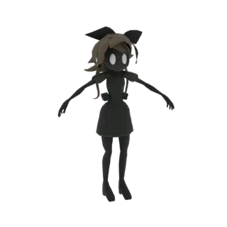 3D-Modell eines dunklen Anime-Mädchens mit Schleife im Haar und schlichtem Kleid, in T-Pose mit leuchtend weißen Augen.