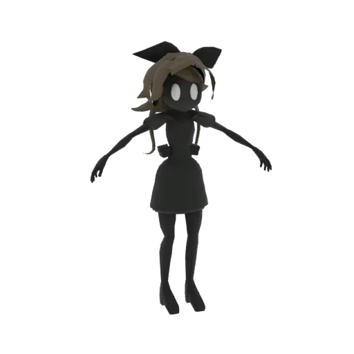 3D model of a dark anime girl with a bow in her hair and a simple dress, standing in a T-pose with glowing white eyes.
