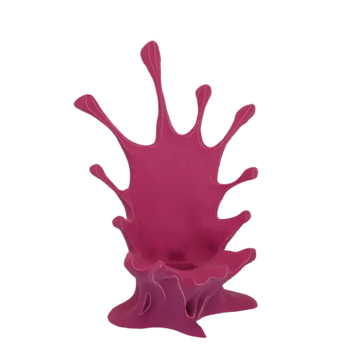 A 3D render of a magenta-colored chair shaped like a dynamic liquid splash, with fluid curves and pointed extensions.