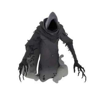 3D model of a ghostly shadow with a hood and clawed ribbons, standing on a smoky base.