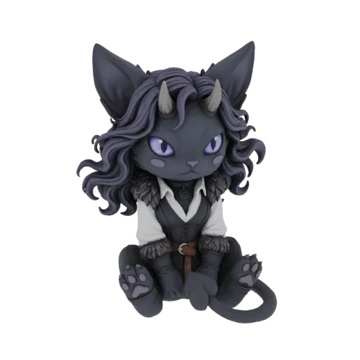 Modello 3D di una strega gatto gotico con pelliccia scura, capelli viola, corna e abiti mistici, seduta in posa.
