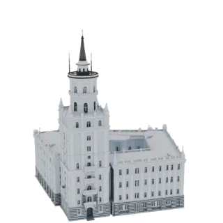 Modelo 3D de um arranha-céu stalinista branco com um pináculo alto e escuro contra um fundo branco.