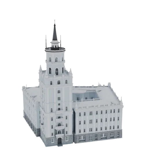 3D model of a white Stalinist skyscraper with a tall, dark spire against a white background.