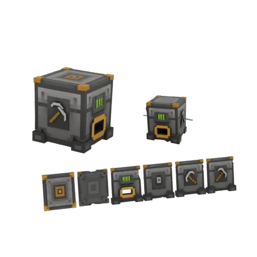 3D model of a modular industrial power core with green energy conduits and interchangeable component modules, set against a b