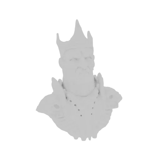 3D model render of a majestic king bust with a detailed crown and ornate armor, set against a black background.